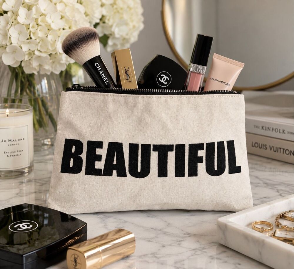 Beautiful Linen Cotton Blend Cosmetic Pouch Makeup Bag 11” x 7.5”